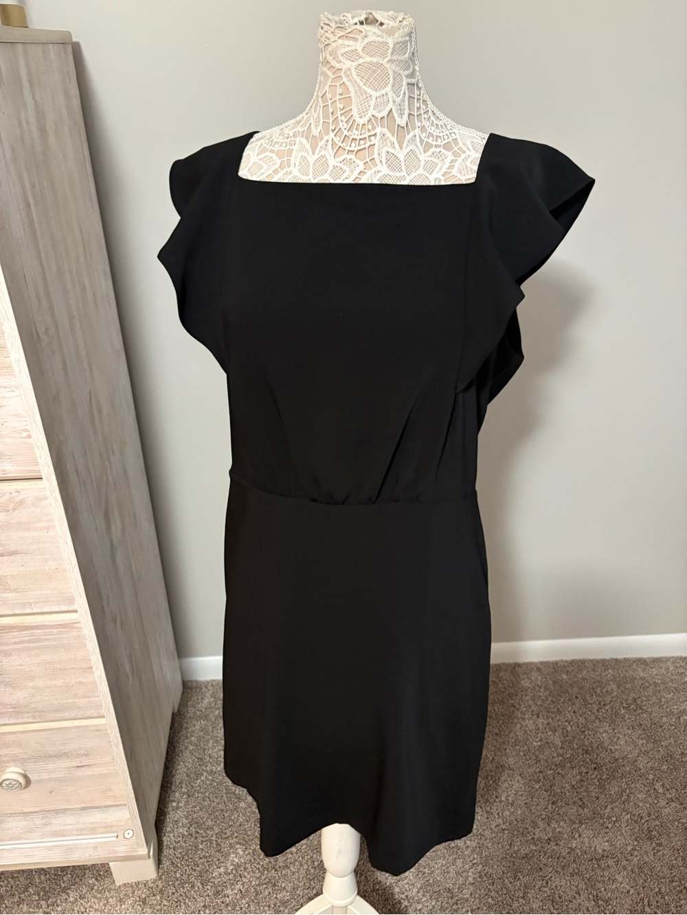 LOFT Black Square Neck Flutter Sleeve Midi Dress